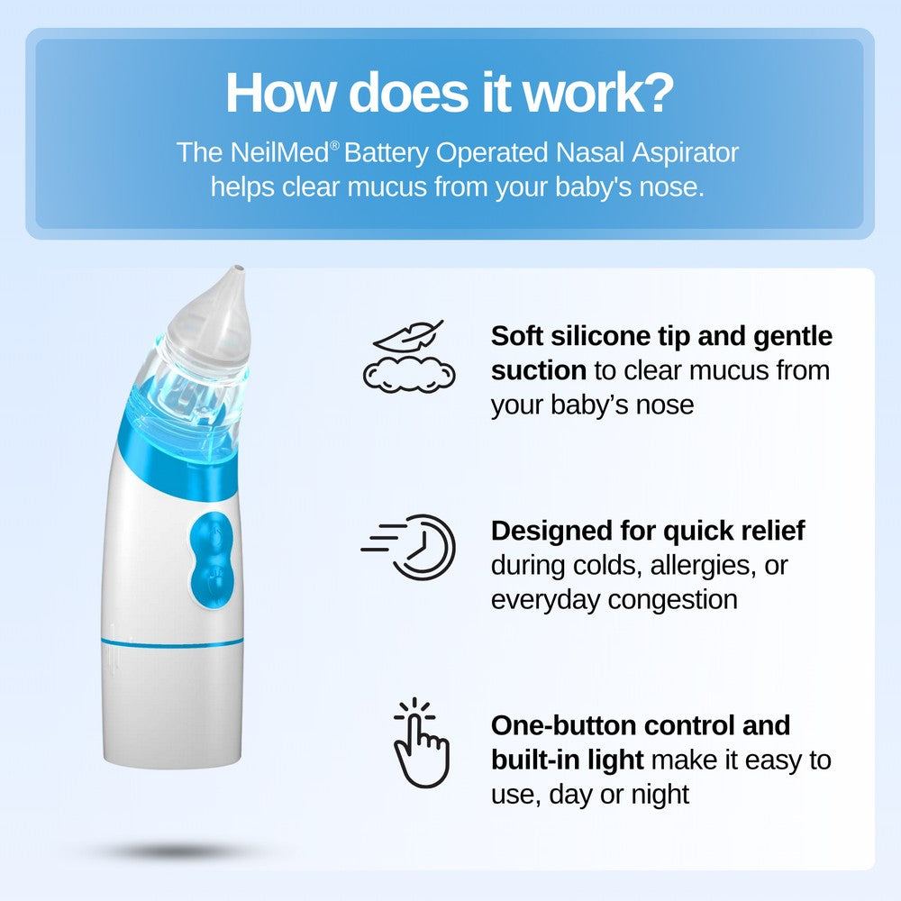 Battery operated nasal aspirator with features highlighted on a light blue background