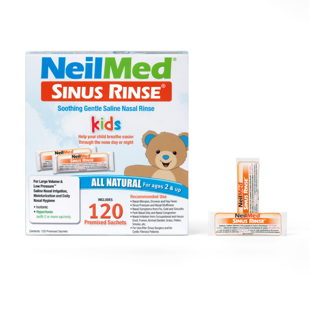 NeilMed Sinus Rinse packaging for kids with a teddy bear illustration on a white background
