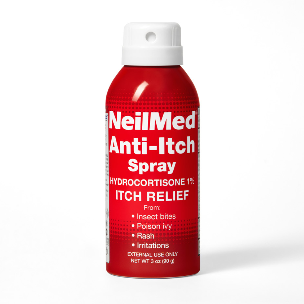 Red bottle of NeilMed Anti-Itch Spray on a white background