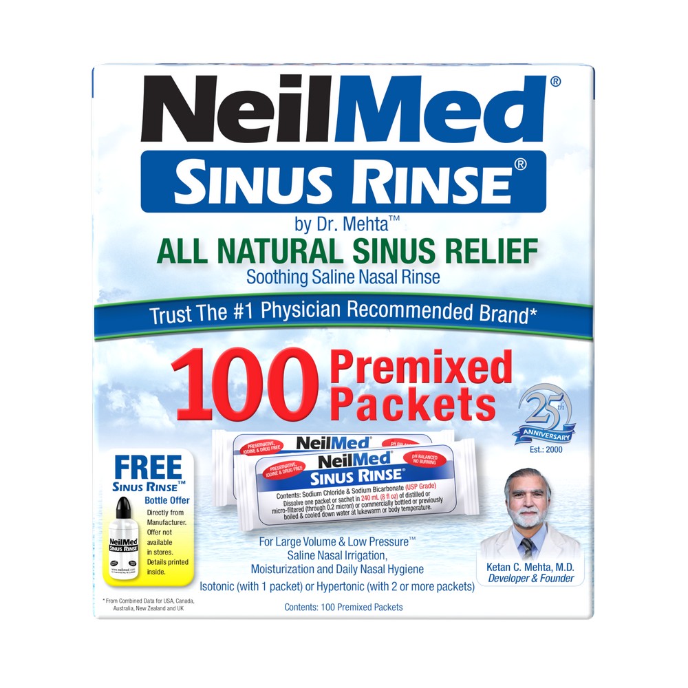 NeilMed Sinus Rinse packaging with branding and product details on a white background