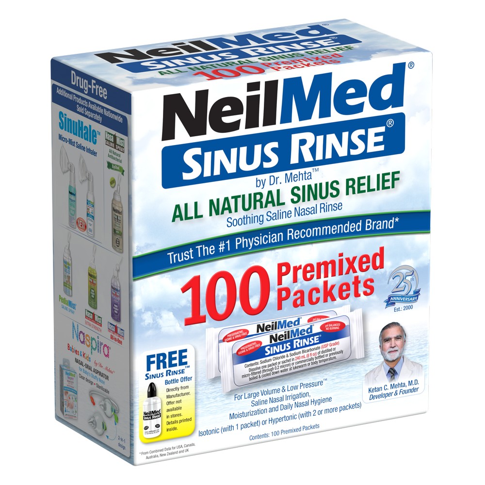 NeilMed Sinus Rinse 100 Premixed Packets box, featuring blue and white packaging with red and green text, on a white background.