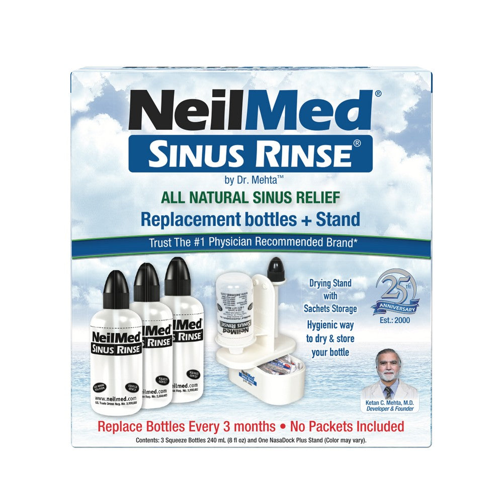NeilMed Sinus Rinse Nasal Irrigation Bottles 3ct with NeilMed NasaDock Plus Drying Stand