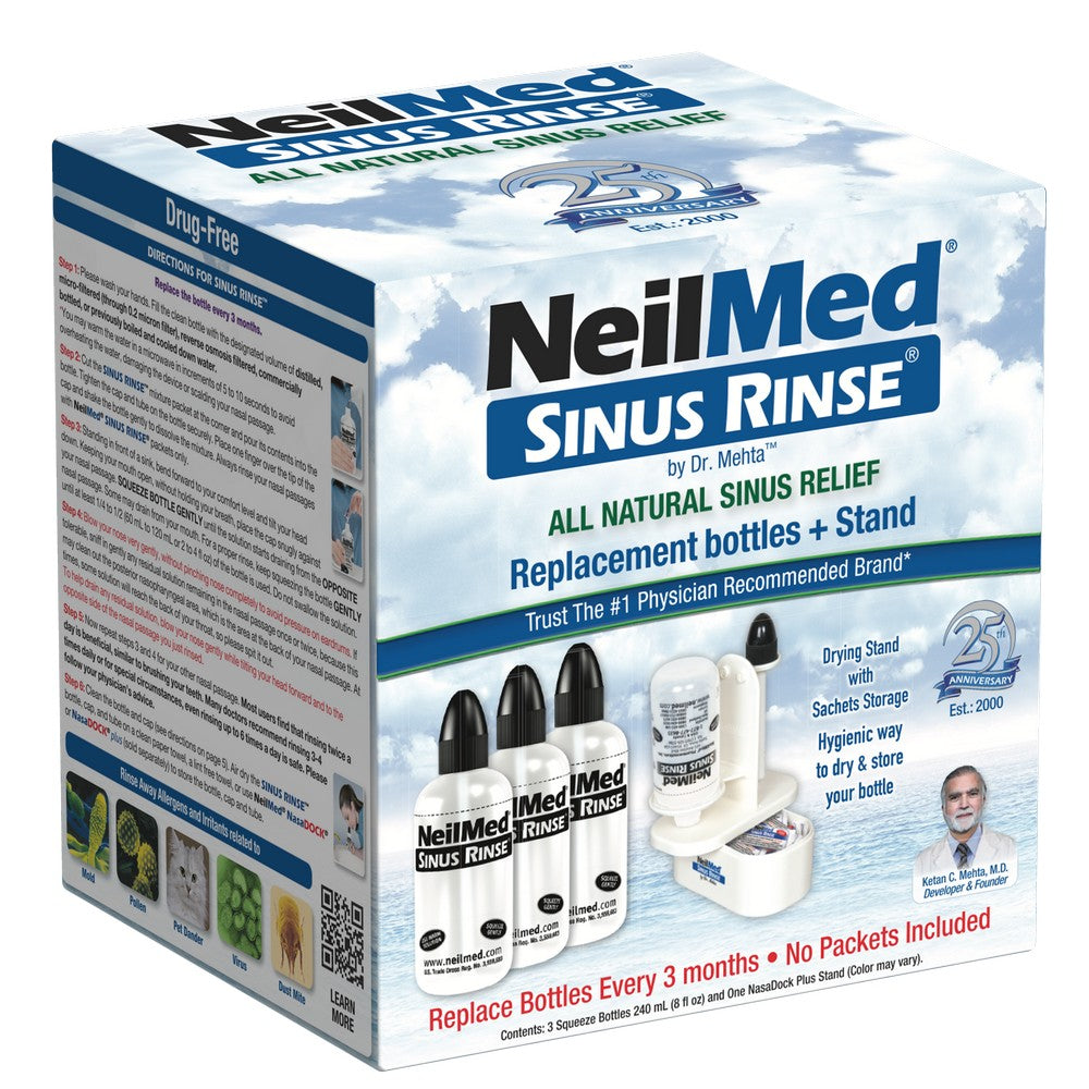 NeilMed Sinus Rinse Nasal Irrigation Bottles 3ct with NeilMed NasaDock Plus Drying Stand