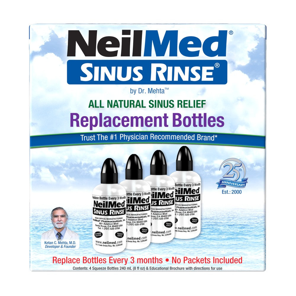NeilMed Sinus Rinse replacement bottles packaging box, featuring four white bottles with black caps on a blue sky and clouds background, with text indicating all natural sinus relief and 25th anniversary badge.