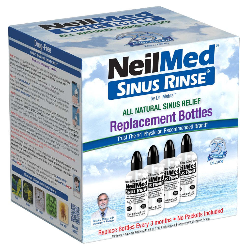 NeilMed Sinus Rinse Replacement Bottles box by Dr. Mettler, featuring a blue and white cloud-themed packaging design with three small bottles pictured on the front.