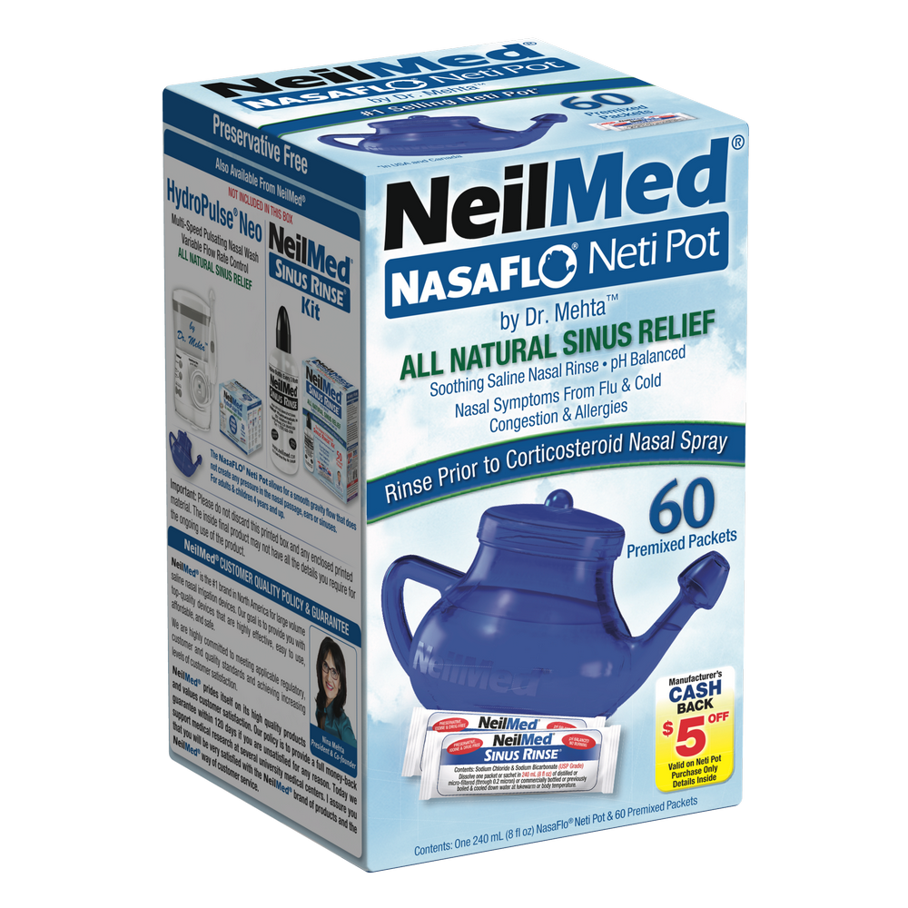 Box of NeilMed NasaFlo Neti Pot with 60 Packets for nasal saline irrigation, featuring product image and information.