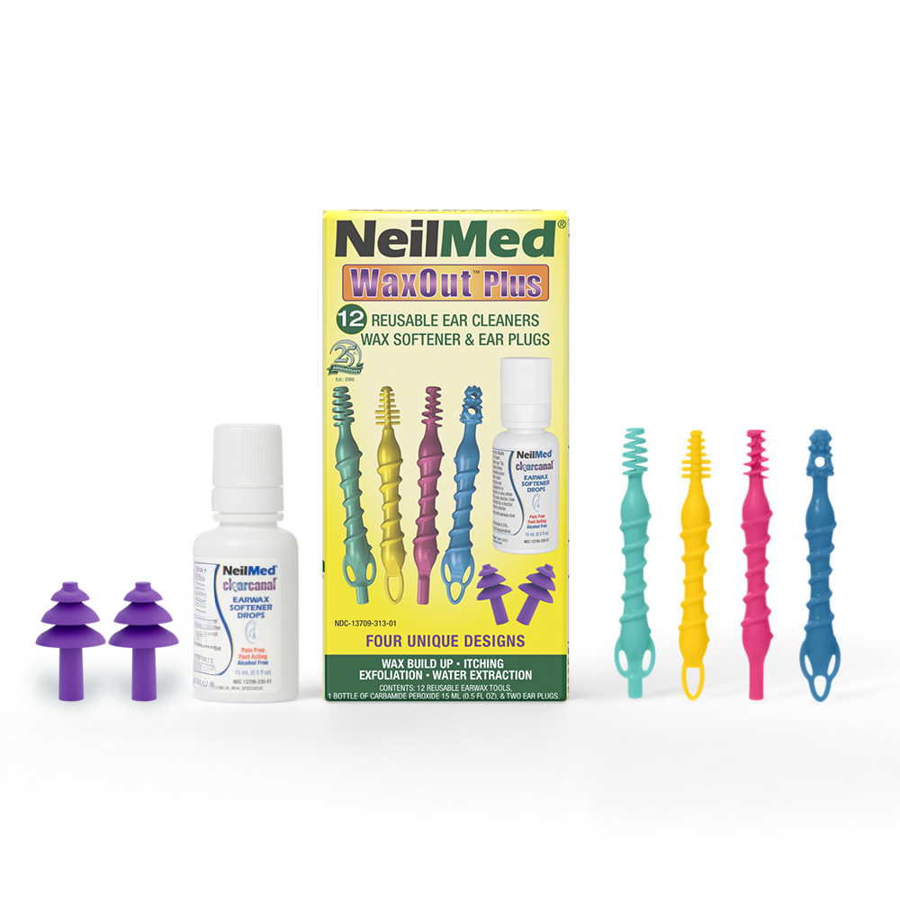 NeilMed WaxOut Plus ear cleaning product set with packaging, bottles, and ear cleaners on a white background.