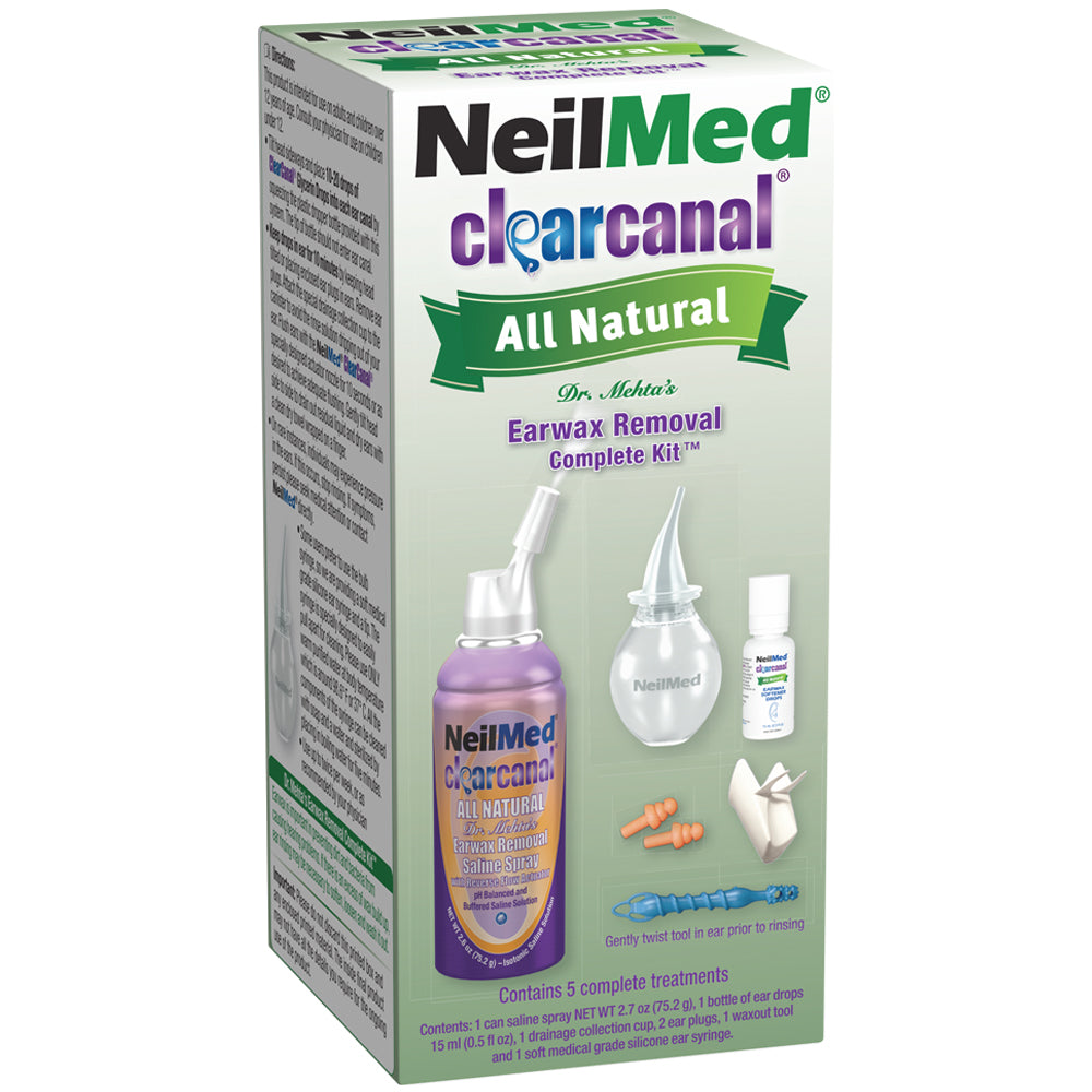 Packaging of NeilMed ClearCanal All Natural Ear Wax Removal Complete Kit with components displayed on the front.