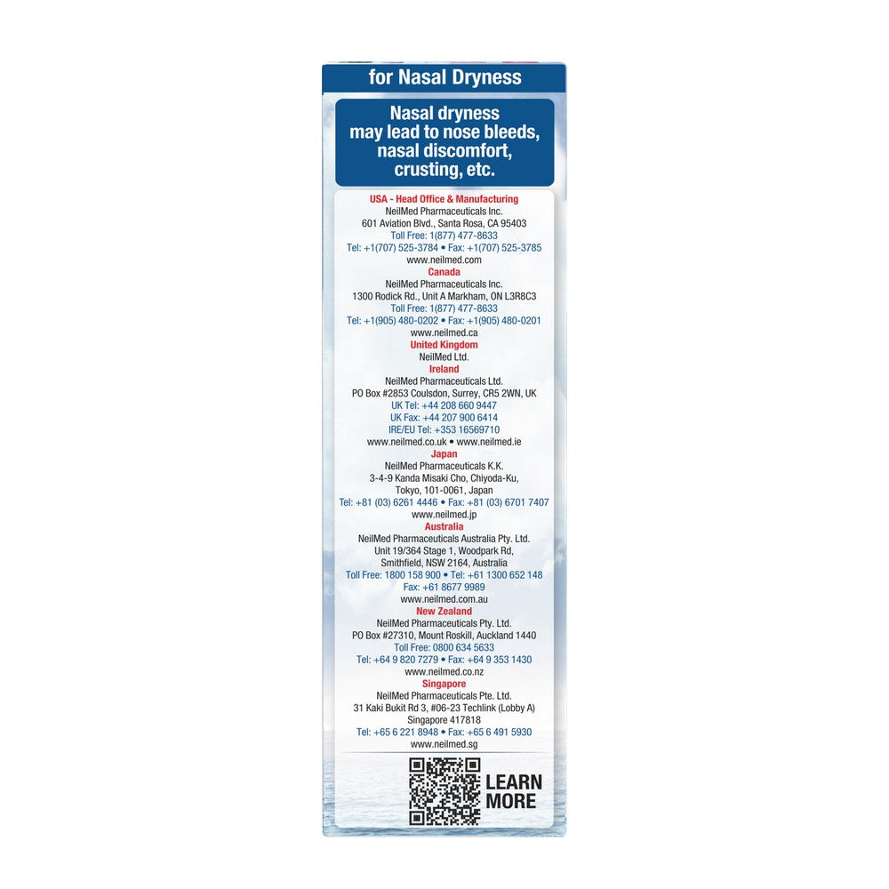 Nasal dryness relief product label with contact information on a white background