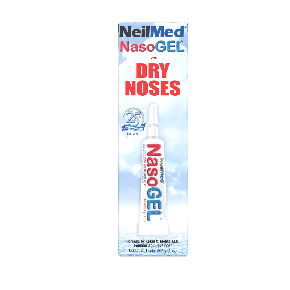 NeilMed NasoGEL for Dry Noses in its retail packaging, featuring a white and blue box with a single applicator tube shown vertically.