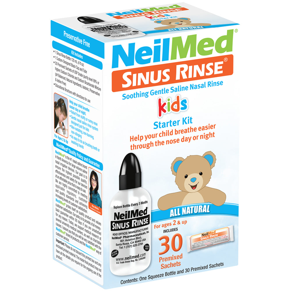 Packaging of NeilMed SINUS RINSE kids Starter Kit, featuring a black and white bottle with a child's face, and information about the product being for nasal hygiene and allergies.