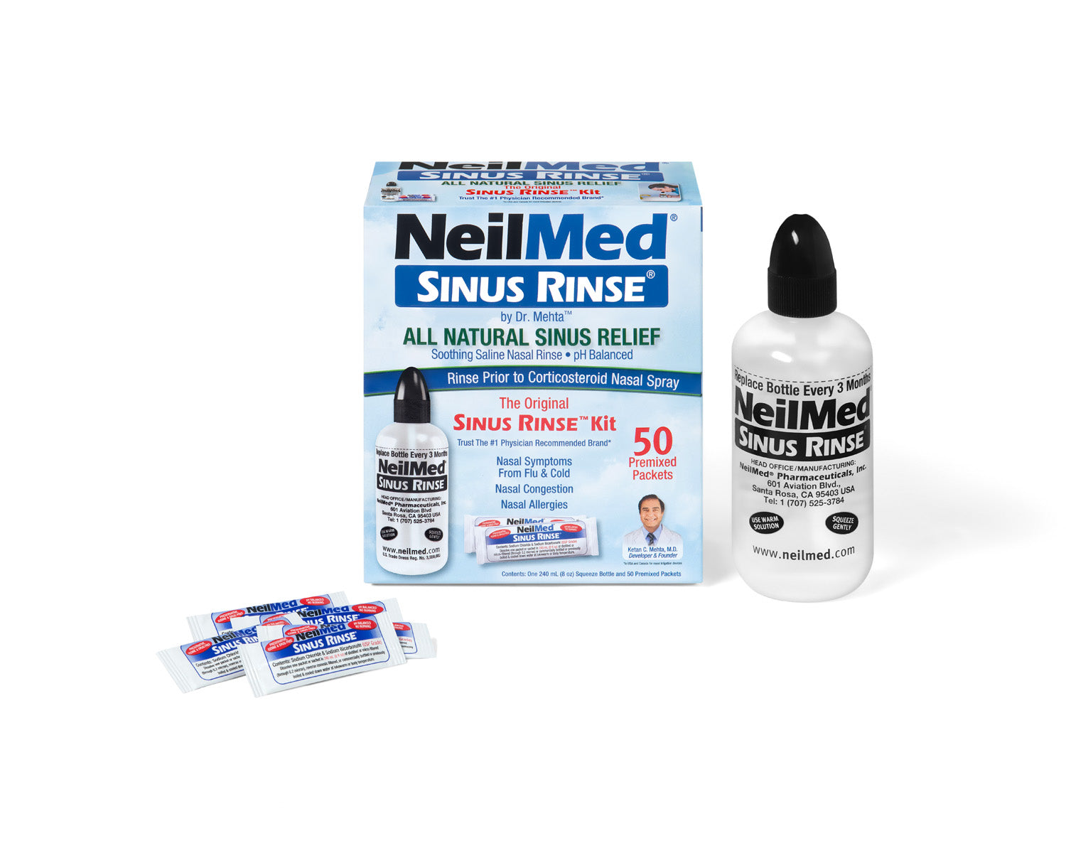 NeilMed Sinus Rinse kit with bottle, box, and packets on a white background