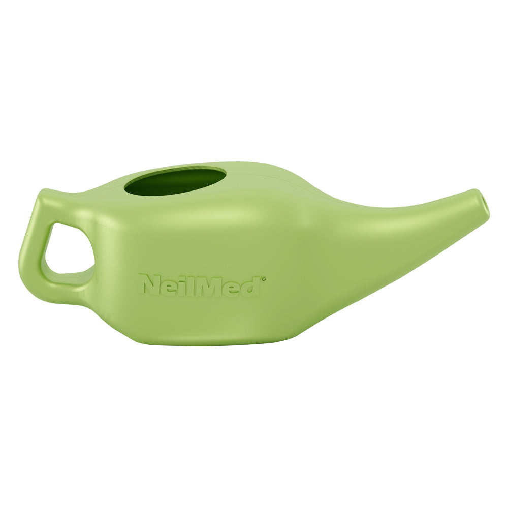 Green neti pot with 'NetiMed' branding on a white background