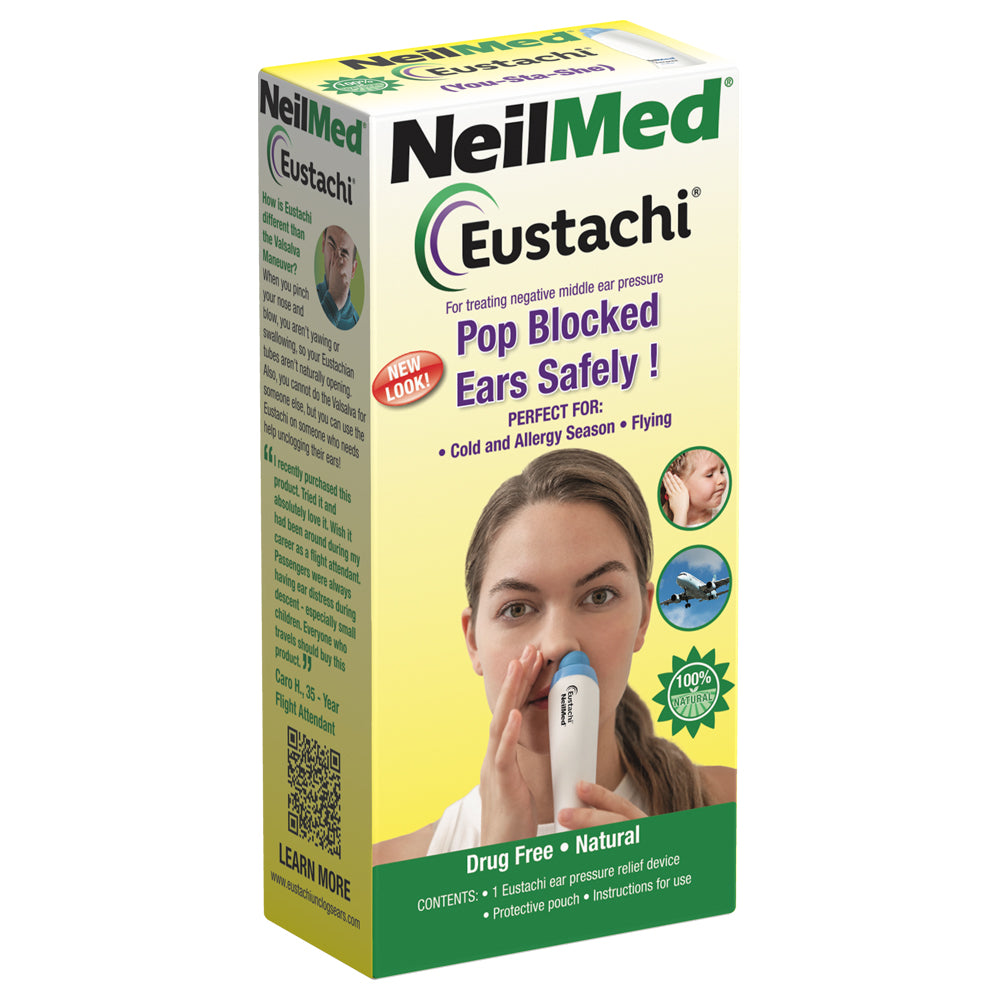 Packaging of NeilMed Eustachi Eustachian Tube Exerciser showing the product and its features, including a carrying case and the requirement of 2 AA batteries.