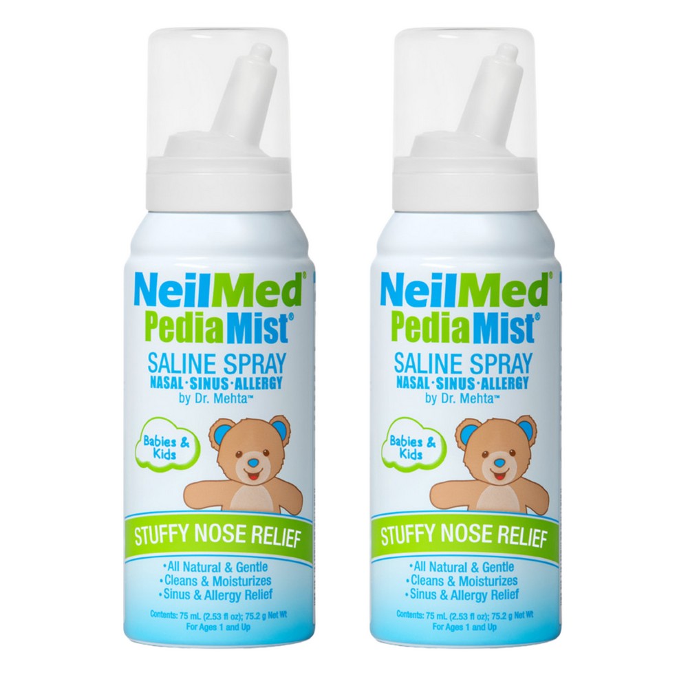 Two bottles of NeilMed PediaMist Saline Spray for babies and kids on a white background.