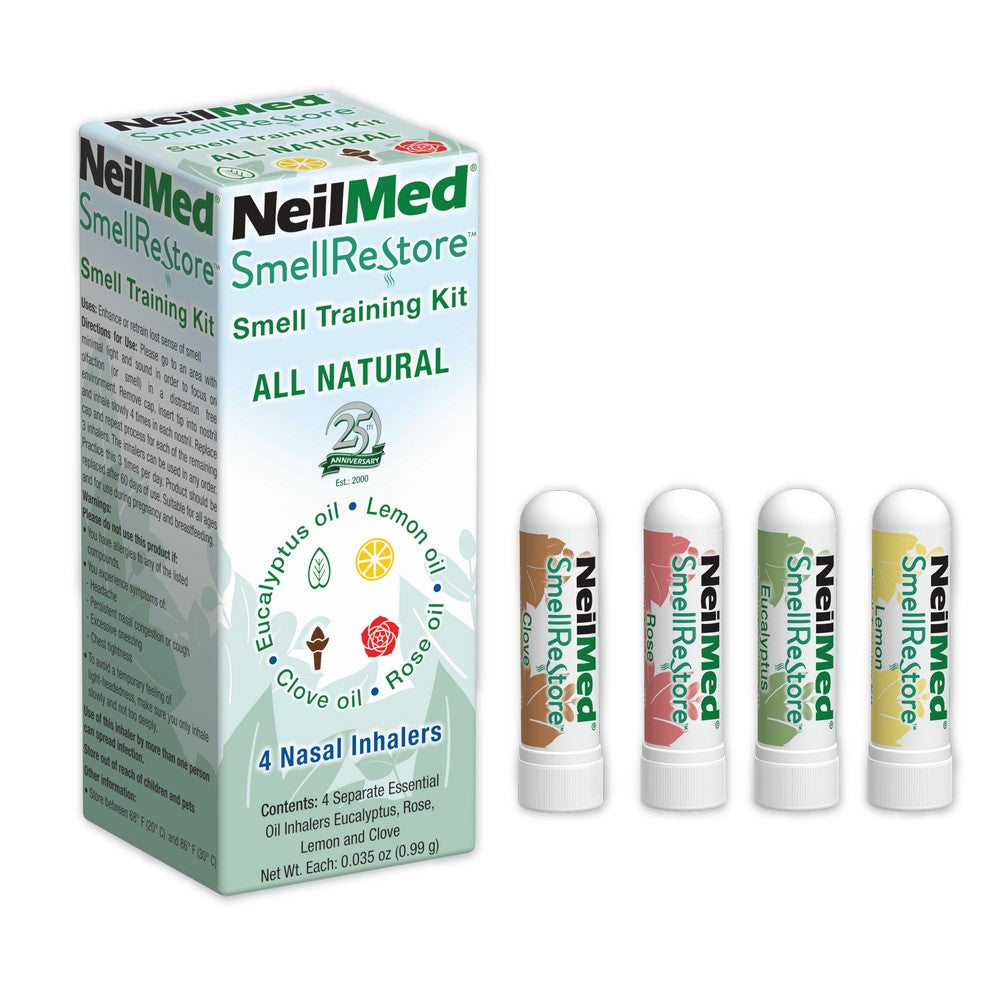NeilMed SmellRestore smell training kit with nasal inhalers and packaging on a white background