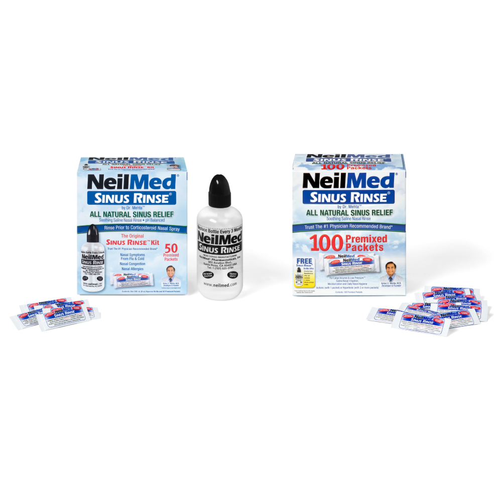 NeilMed Sinus Rinse products including a bottle and boxes on a white background
