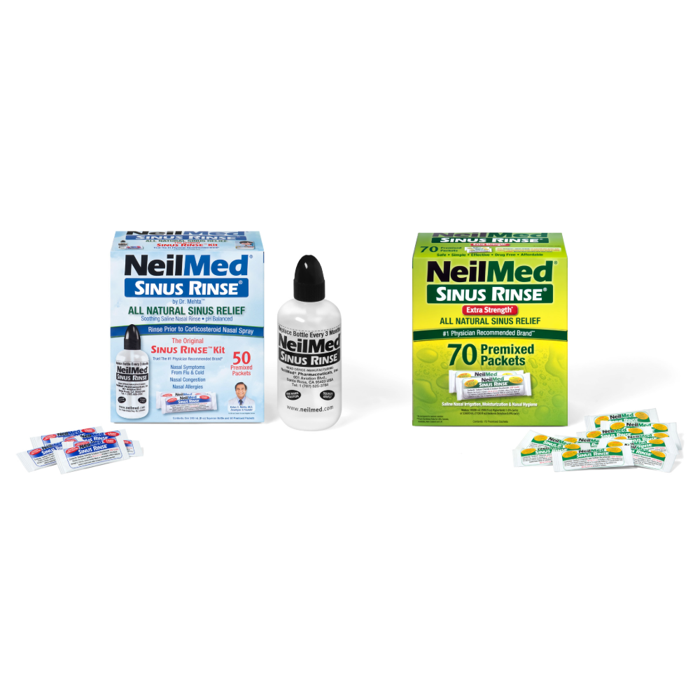 NeilMed sinus rinse products including a bottle, boxes, and packets on a white background