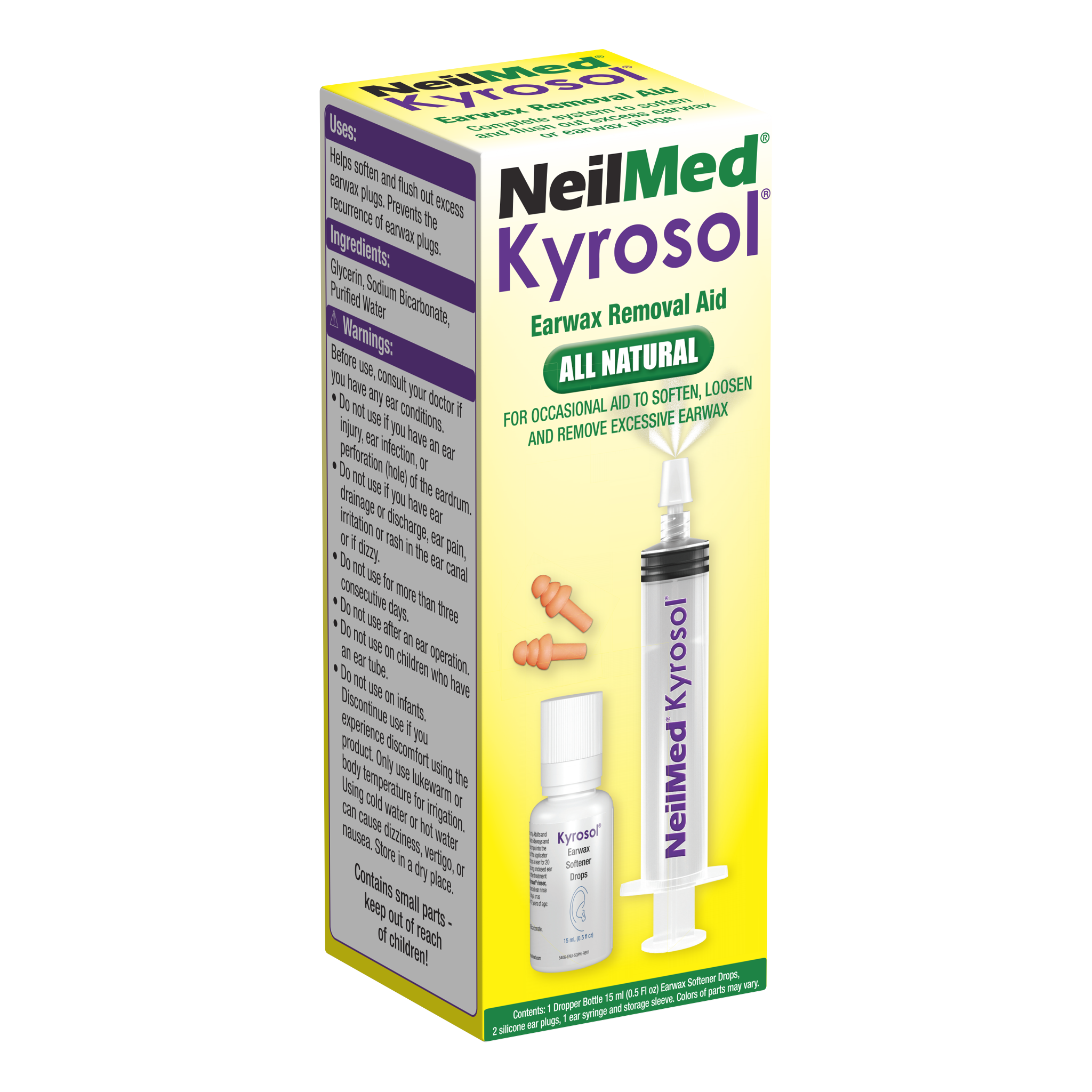 Packaging of NeilMed Kyrosol All-Natural Ear Wax Removal Kit with a syringe and ear drops illustrated on the front.