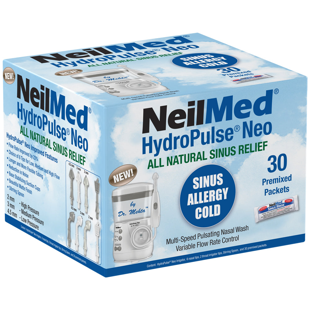 Packaging box of NeilMed HydroPulse Neo, featuring the product name and details, with visual depiction of the nasal/sinus irrigation system.