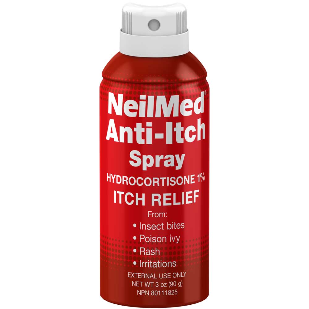 NeilMed Anti-Itch Spray bottle with red packaging and white label indicating Hydrocortisone 1% for itch relief.