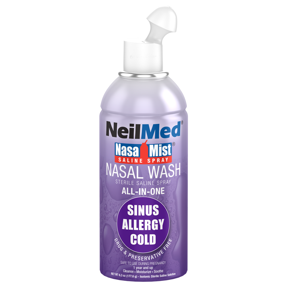 A can of NeilMed NasaMist Saline Spray All-In-One designed for nasal moisturizing and cleansing.