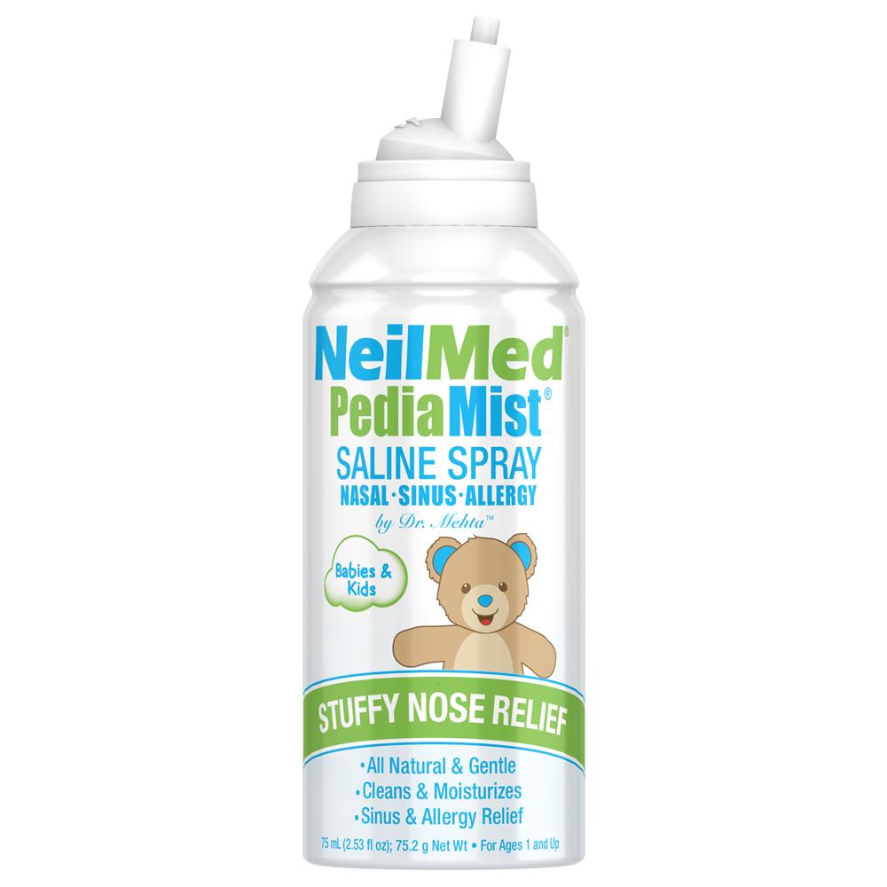 NeilMed PediaMist saline spray nasal sinus allergy relief product packaging with a white actuator and a label featuring a teddy bear and the product name.