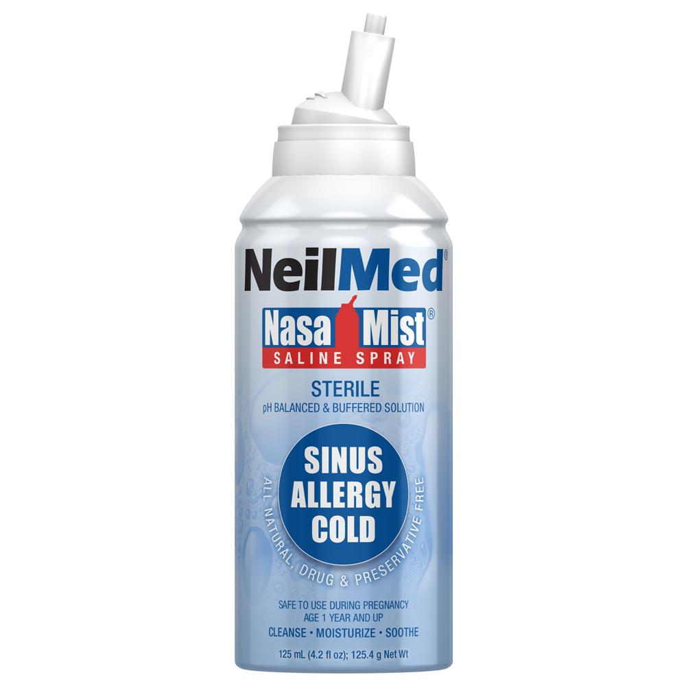 A can of NeilMed NasaMist Isotonic Saline Spray for nasal passages moistening.