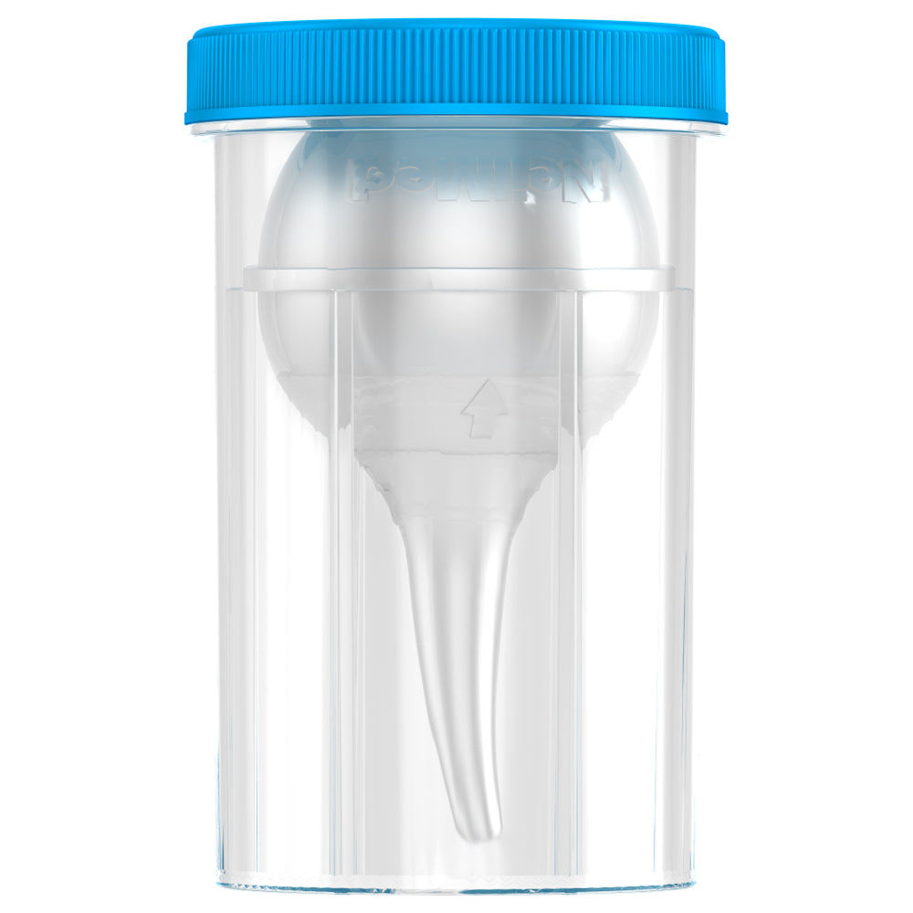 Clear nasal aspirator with blue cap on a white background