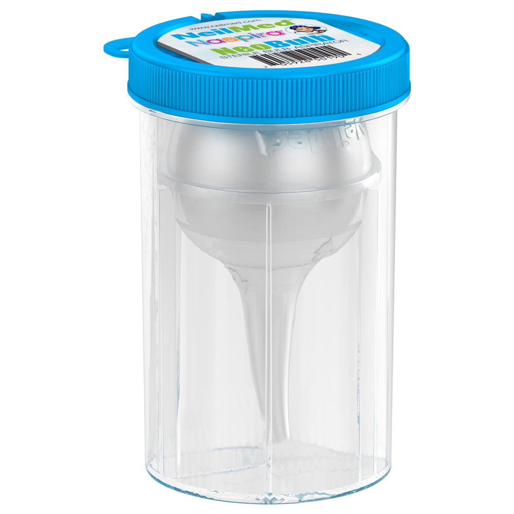 Clear nasal aspirator with blue cap and label on a white background