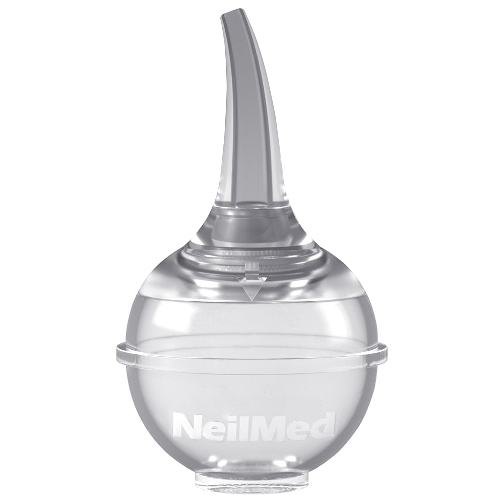 NeilMed branded sterile oral-nasal bulb aspirator made of clear silicone.