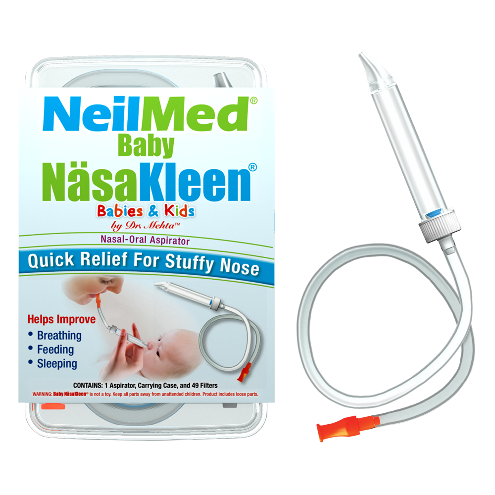 Packaging of NeilMed Baby NäsaKleen Nasal Aspirator, showing the product and its components, including a silicone tip, plastic chamber, and tube connector.
