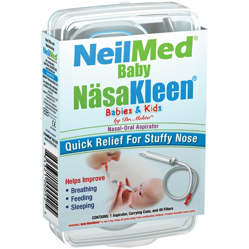 Packaging of NeilMed Baby NäsaKleen Nasal Aspirator, showing the product and its components, including a silicone tip, plastic chamber, and tube connector.