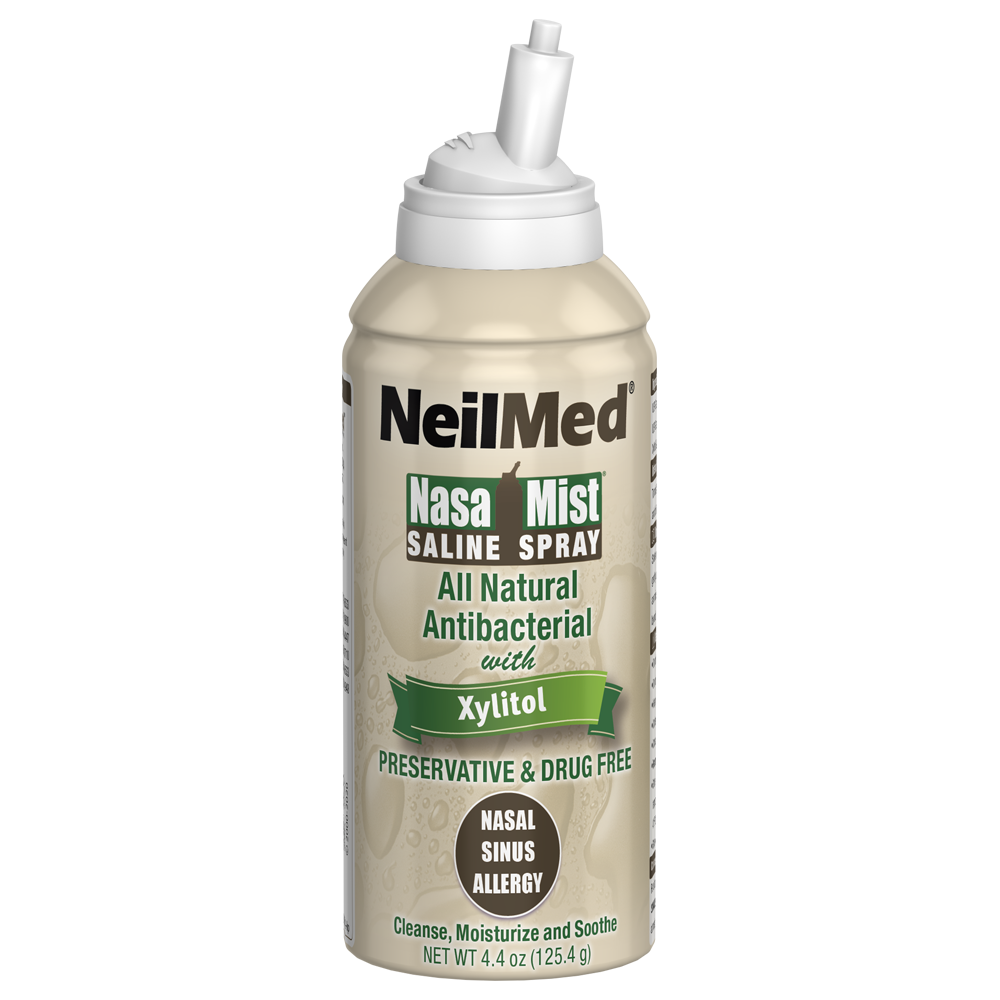 A bottle of NeilMed NasaMist Saline Spray with Xylitol for nasal passages moisturizing and cleansing.
