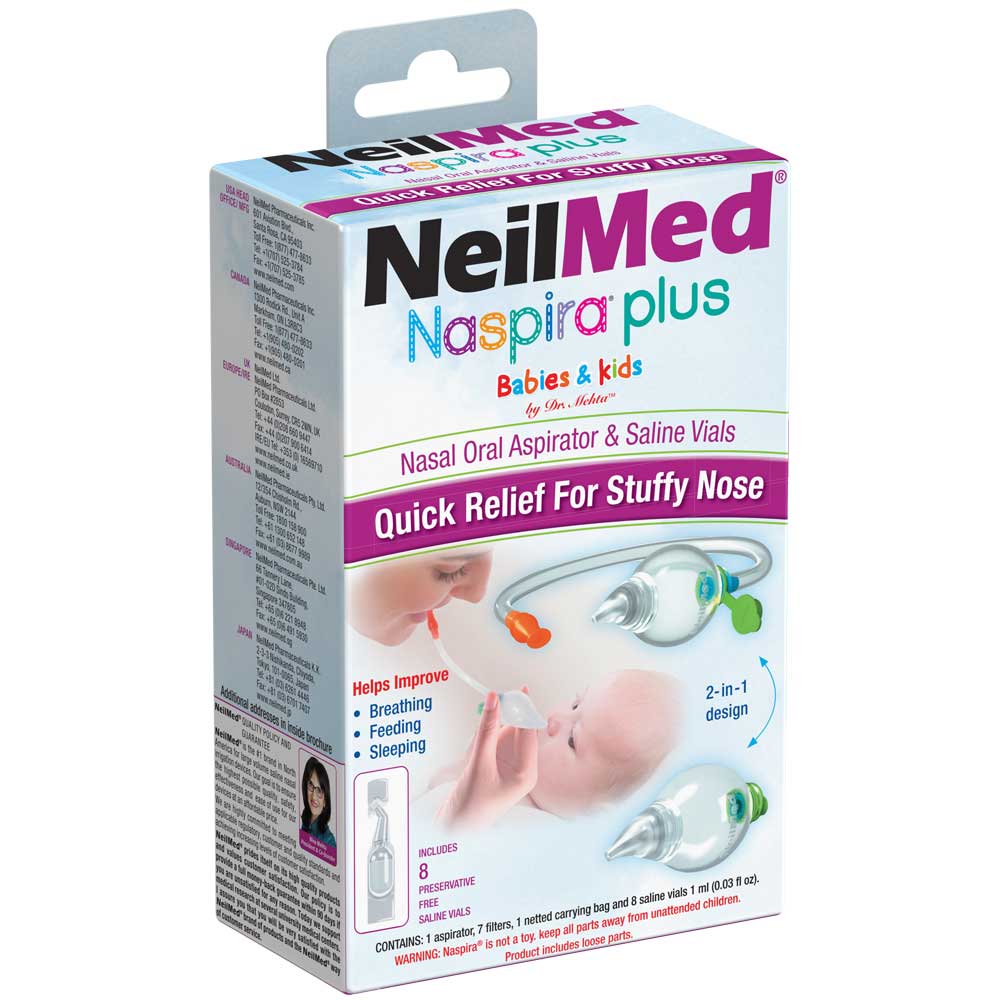Packaging of NeilMed Naspira Plus Nasal-Oral Aspirator showing the product and its features, indicating its use for babies and kids.