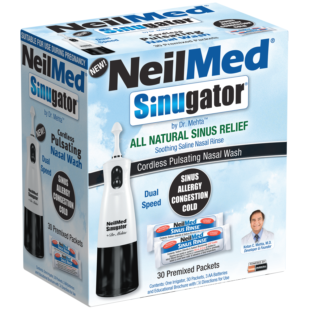Packaging of NeilMed Sinugator Cordless Pulsating Nasal Wash in black color with details about the product, including the features and contents such as the nasal irrigator, premixed packets, and batteries.