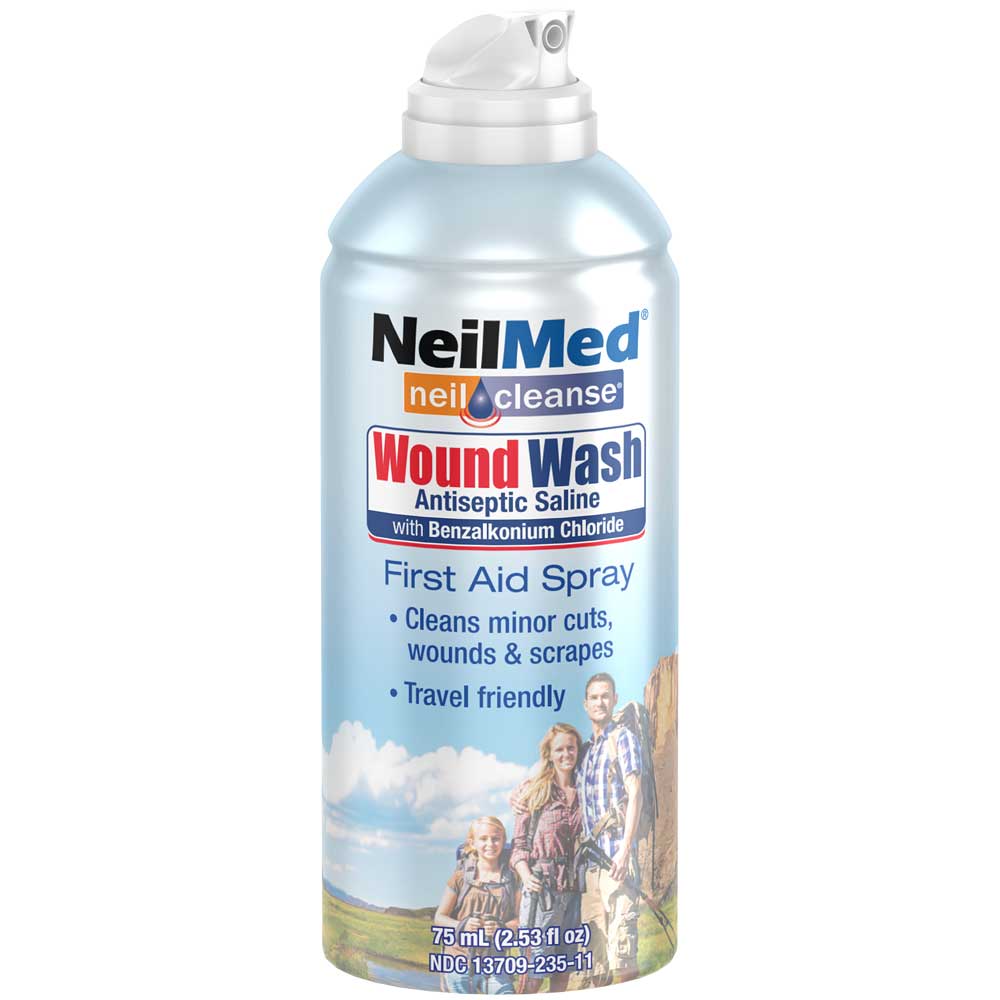 NeilMed Neilcleanse WoundWash Antiseptic Saline Spray Can with information label and branding.