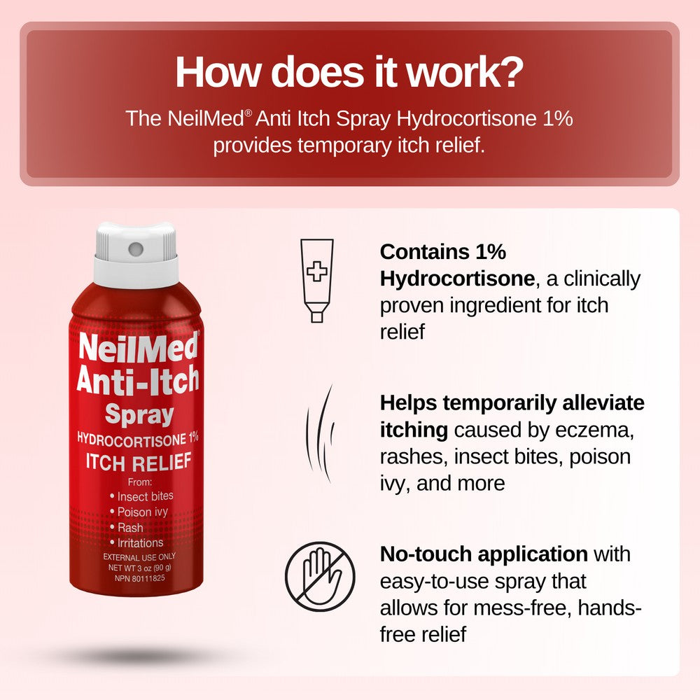 NeilMed Anti-Itch Spray with product details on a pink background