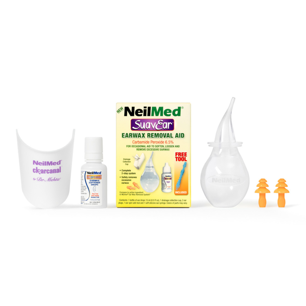 NeilMed earwax removal products including a box, bottles, and tools on a white background