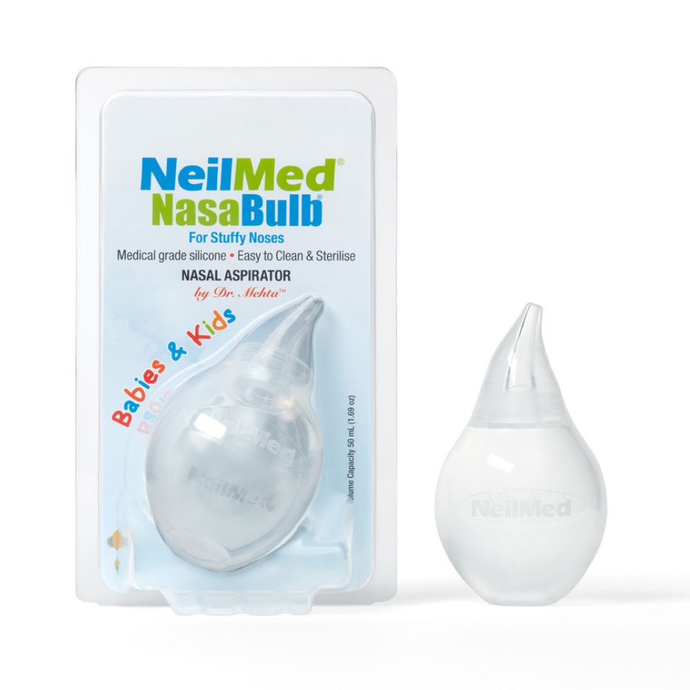 NeilMed NasaBulb nasal aspirator with packaging on a white background