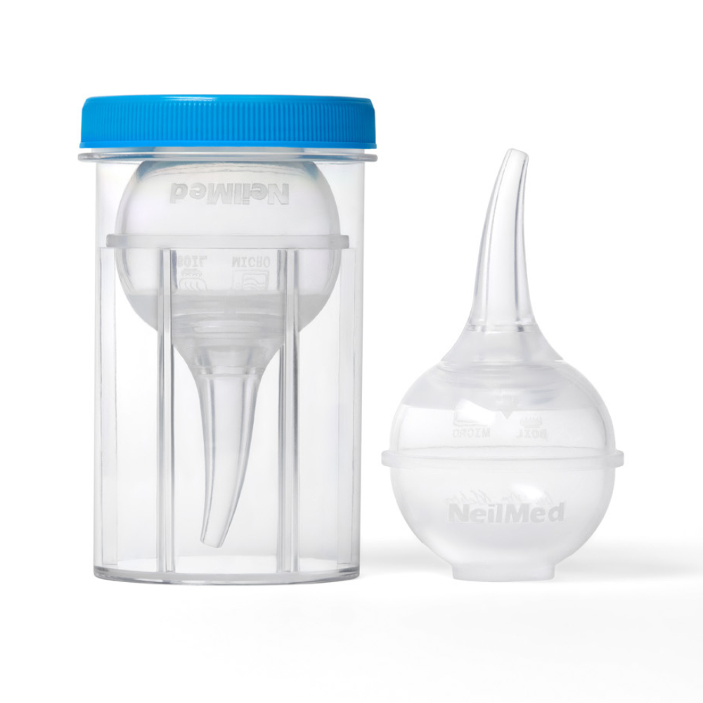 Clear nasal aspirator with blue cap and NeilMed branding on a white background