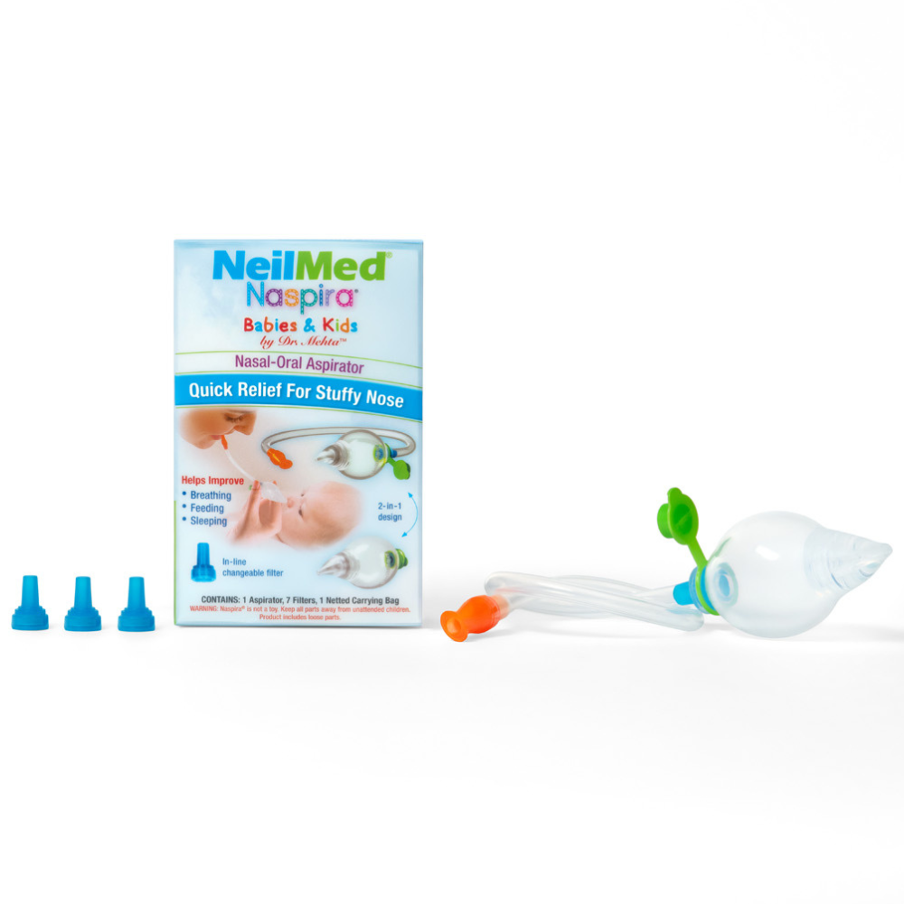 NeilMed Naspira nasal aspirator for babies and kids with packaging on a white background