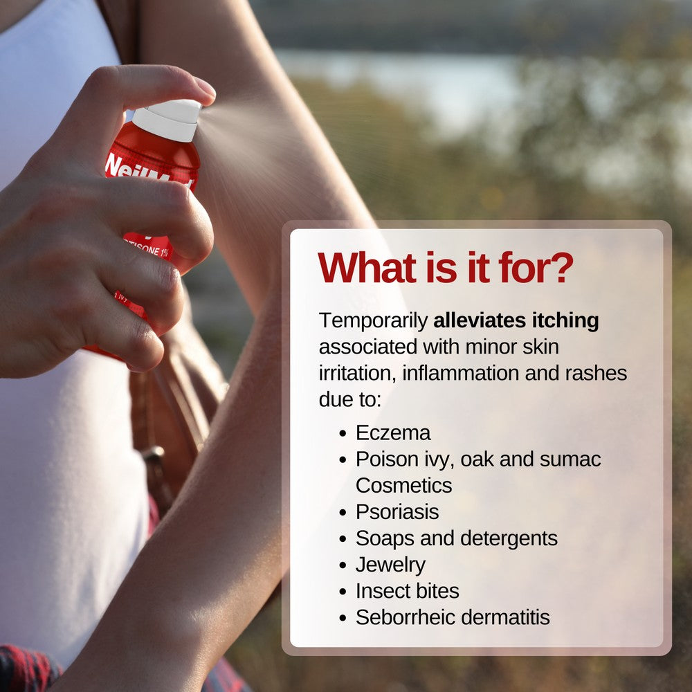Person holding a bottle of Neutroderm with a text box explaining its uses outdoors.