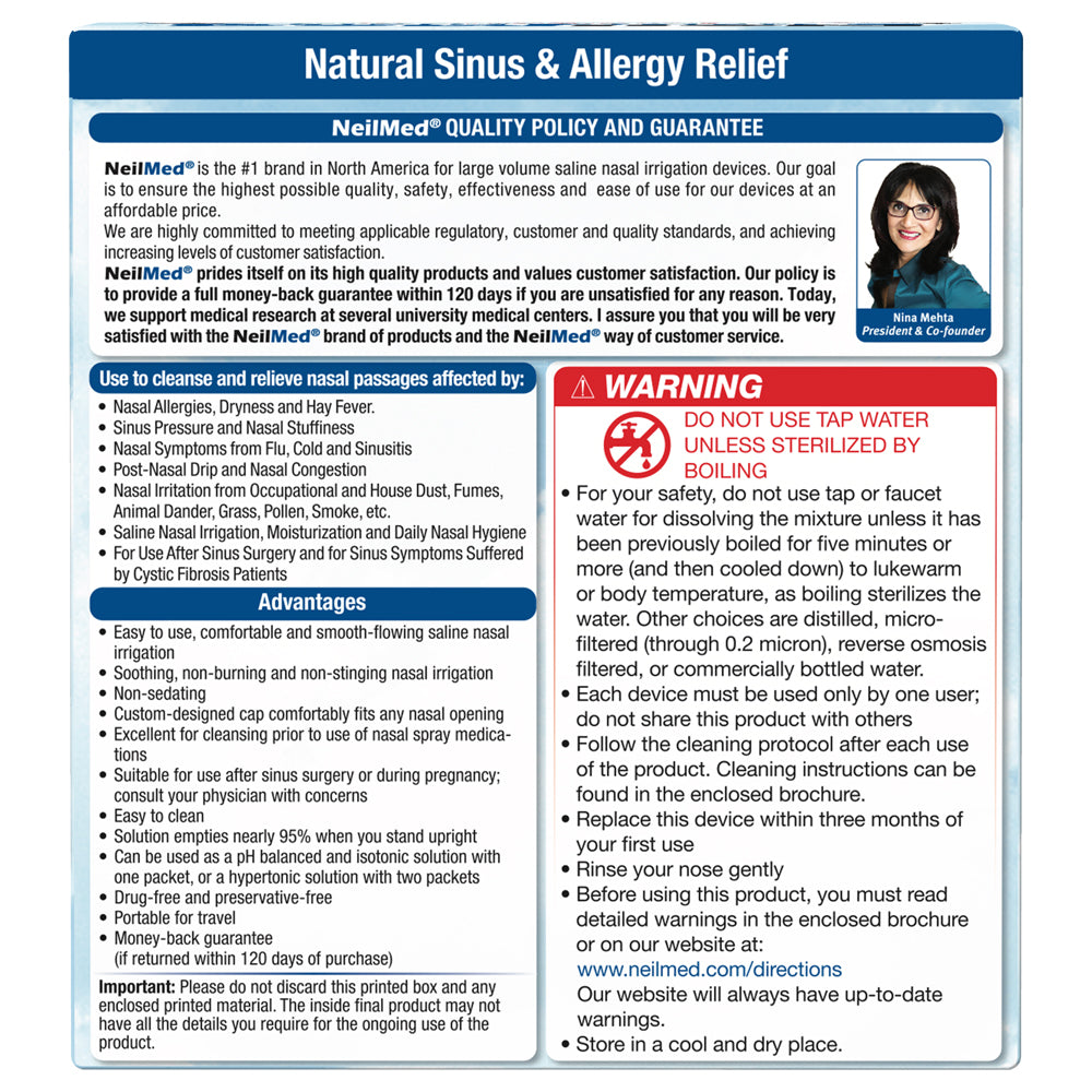 NeilMed Sinus Rinse Kit Combo Pack - 2 Sinus Rinse Bottles & 100 Premixed Packets for Nasal Allergies & Daily Hygiene pH Balanced Saline Solution for Sinus Pressure Relief Value Pack