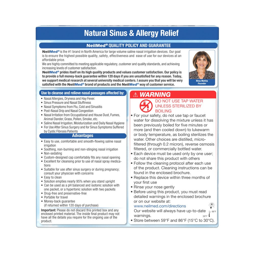 A blue and white informational poster for NeillMed Natural Sinus and Allergy Relief, featuring product details, usage instructions, and a warning label with a small photo of the NeillMed representative.