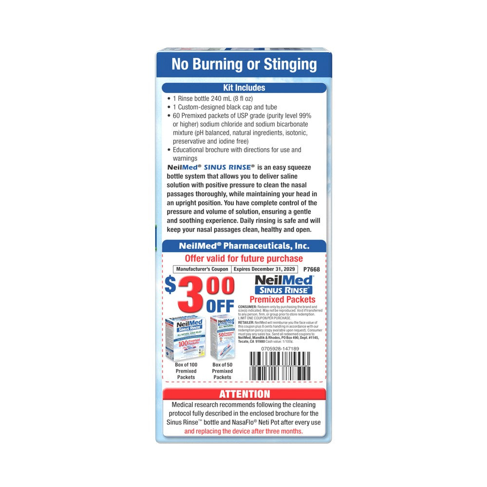 A retail information card for the NeillMed Sinus Rinse kit, detailing the kit contents, directions, pricing, and offering valid through 2025, shown against a plain white background.