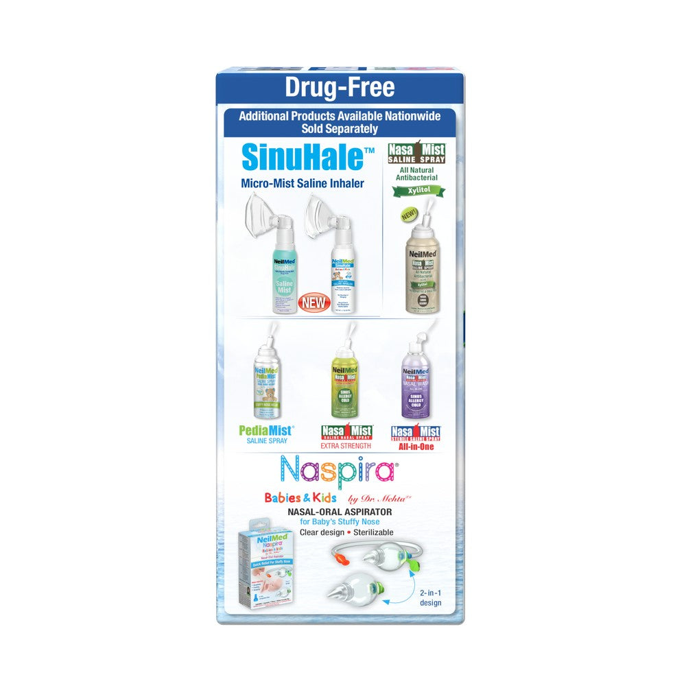 A boxed retail set of nasal spray products on a plain white background. The package prominently shows SinuHale micro-mist saline inhaler bottles, Naspira nasal/oral aspirator, and PediaMist products, with blue, white, and small multicolor label accents.