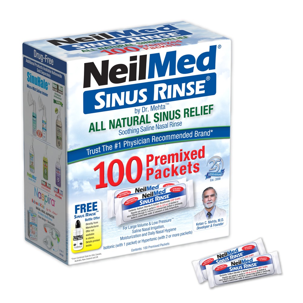 Box of NeilMed Sinus Rinse packets with branding and product details on a white background