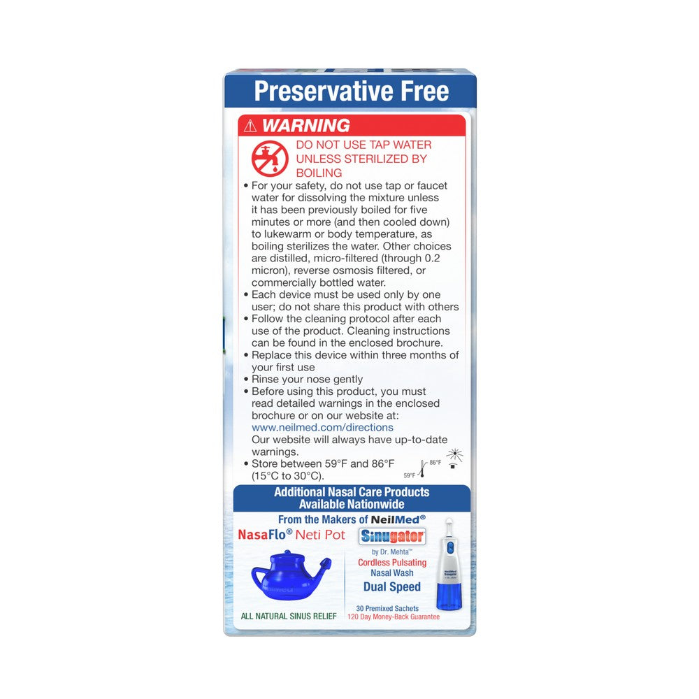 Preservative-free nasal care product packaging with warning label and product details.