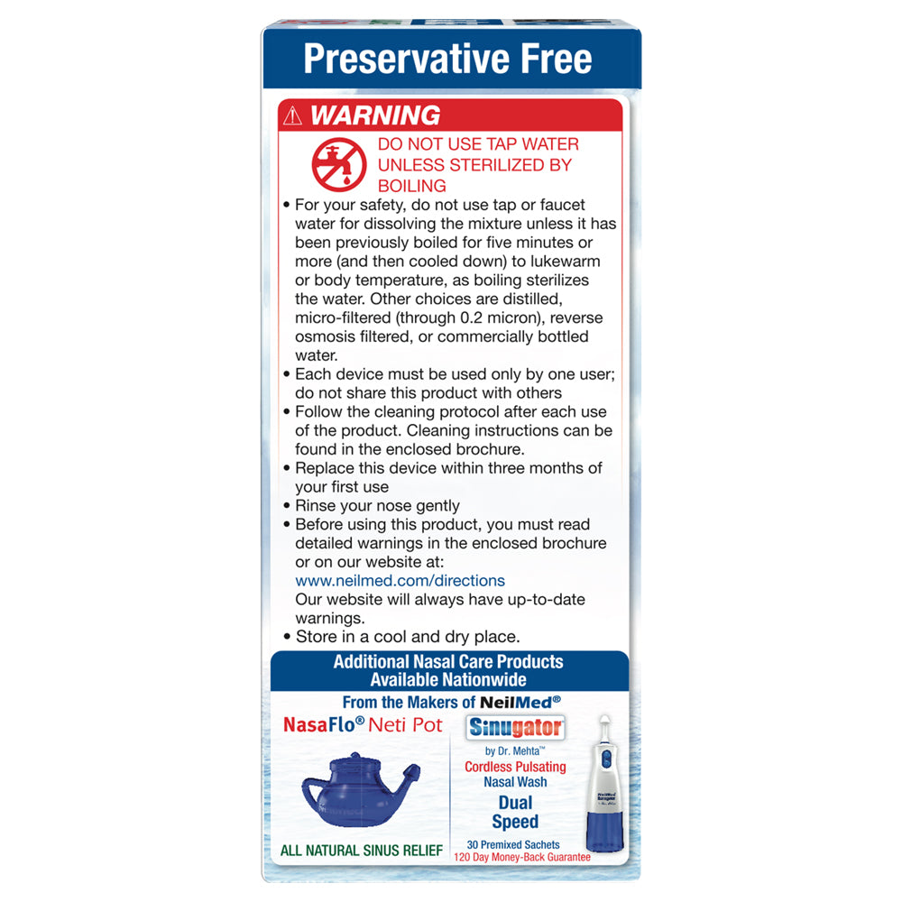 Preservative-free nasal care product packaging with warning label and branding details.